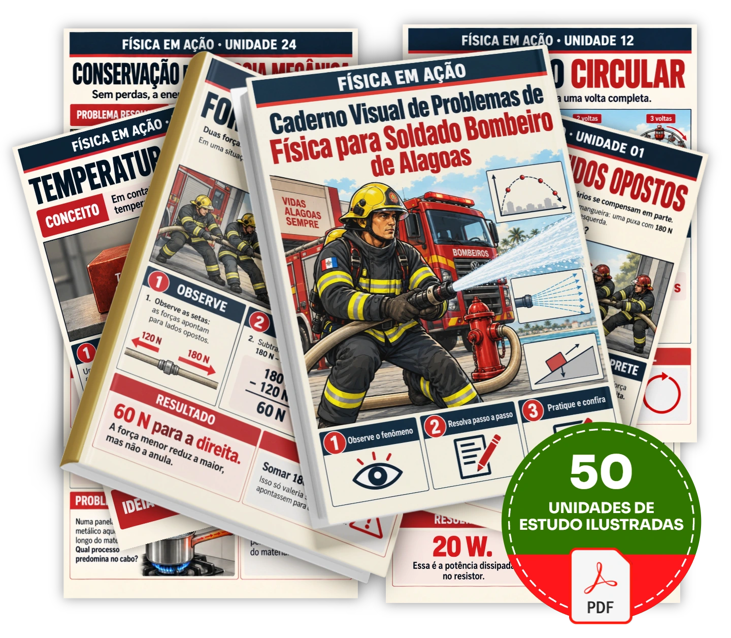 50 unidades de estudo ilustradas para estudar Física e praticar problemas do concurso de Soldado dos Bombeiros de Alagoas.